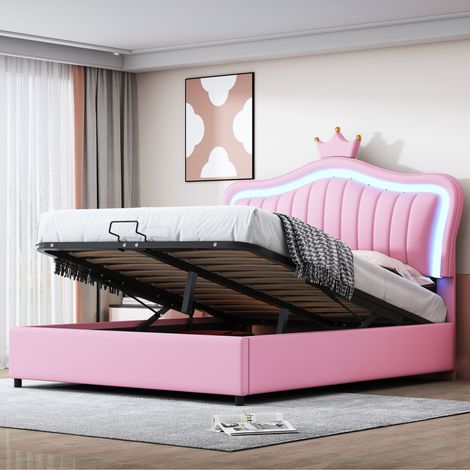 Lit enfant capitonné 140 x 200 cm, lit coffre hydraulique, cadre de lit une place pour fille avec tête de lit rose, en similicuir avec éclairage LED, sommier à lattes et dossier. (1/5)
