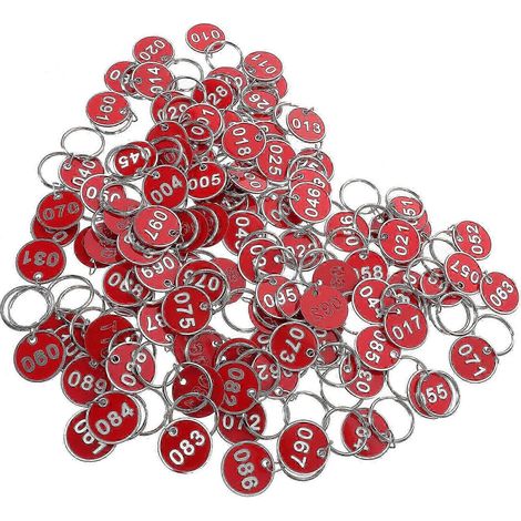 Lot de 100 étiquettes porte-clés numérotées de 1 à 100 idéales pour ranger vos affaires dans un sauna. Dimensions : 3 x 3 x 01 cm (rouge).