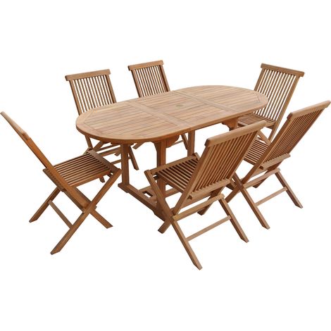 Happy Garden – Salon de jardin en teck LOMBOK – Table ovale extensible 120 à 170 cm – 6 places – Trou pour parasol – Résistant aux intempéries