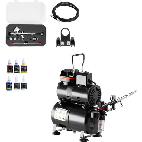 Kit Aérographe 1/6 CV avec Compresseur et Réservoir, Double Action Pro, 3 Buses, Peinture Acrylique, Silencieux, pour Déco de Gâteaux, Maquettes, Nail Art