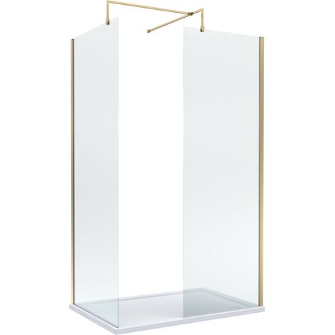 8mm Glass Walk In Wetroom Screens with Brushed Brass Profile and White Shower Tray - 1200 x 900mm