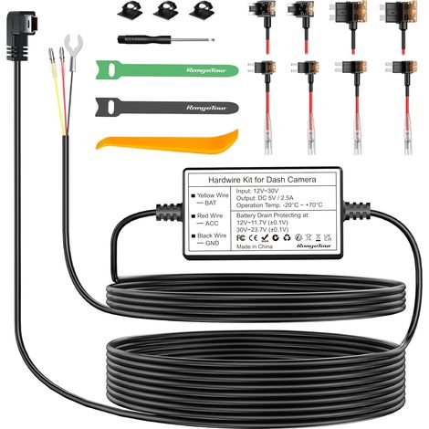 Dash Cam Hardwire Kit, 4m/13.12ft Mini USB/Mirco USB Cordon d'alimentation pour Chargeur de caméra de Tableau de Bord de Voiture 12V-24V à 5V, 3 Noyaux, 4 Types/8 Adaptateurs et 4 Fusibles (1/5)
