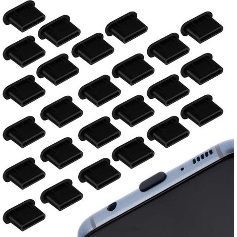 Confezione da 25 tappi antipolvere in silicone per porte USB-C, cappucci protettivi neri per proteggere le porte di ricarica del telefono. (1/4)