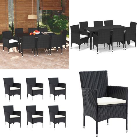 Set de muebles de jardín 9 pzas y cojines ratán sintético negro - Comedor al aire libre - Sillas de jardín