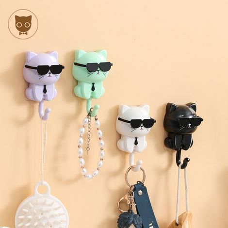Accroche Muraux 4Pcs Clés Chapeaux Vestes Chat Lunettes Adhésif Cute Cat Hooks Plastic Key Holder Sunglasses Wall Decor Multi Fonctionnel (1/5)