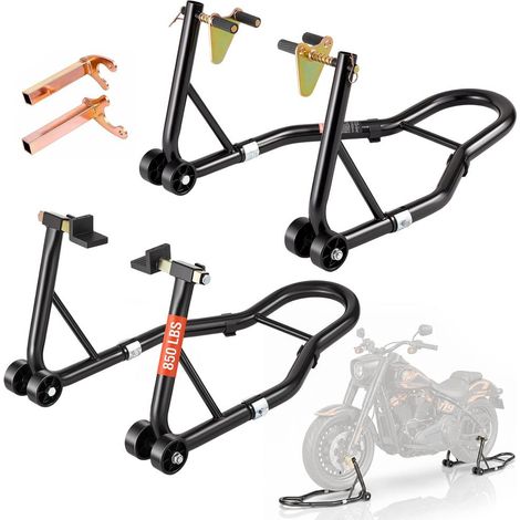 Béquille Roue Avant Arrière Charge 0,39 T Béquille d'Atelier avec Bras Réglable Support de Roue en Acier Lève-Moto Tête de Fourche U + L Double Tête pour Réparation Entretien Stockage Domicile (1/5)