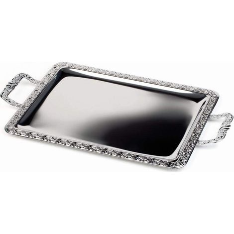 APS Vassoio Schöner Essen, aiutante per buffet, vassoio in acciaio inossidabile 18/0 con bordo decorativo, manici in zinco pressofuso, cromato, rivettato, 31 x 54 cm, alto 3 cm (1/3)