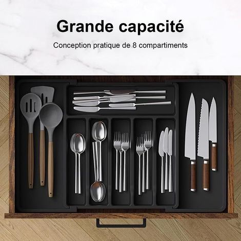 Bandeja para cubiertos con cajón extensible (33-57 cm) – Organizador de cocina de 8 compartimentos, gran capacidad, material PP grueso. (1/4)