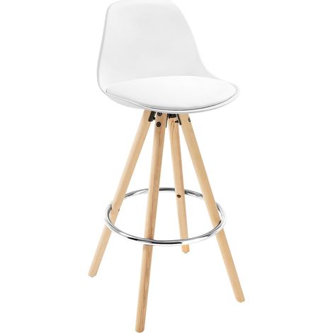 WOLTU 1X Taburete de Bar con Respaldo Marco de Madera Maciza Muebles Cocina Taburete Alto para Cocina Bar, Cuero Sintético, Blanco