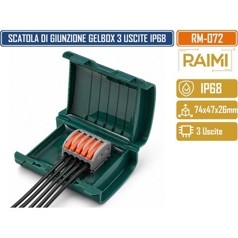 RAIMI RM-072 SCATOLA DI GIUNZIONE PRE-RIEMPITA CON GEL ISOLANTE 74 × 47 × 26 MM IP68 CHIUSURA A SCATTO INGRESSO CAVI LATERALE (1/3)