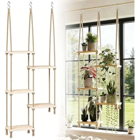 Étagère Suspendue 5 Niveaux pour Plantes – 116 cm – Naturelle Bois + Corde – Réglable en Hauteur – Support Fleurs Intérieur – Gain de Place – Pour Salon, Balcon, Véranda – Sans Perçage (1/5)