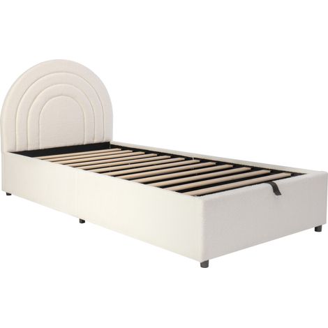 Cama tapizada 90 x 200 cm en bouclé beige con somier de lamas y cabecero (1/5)