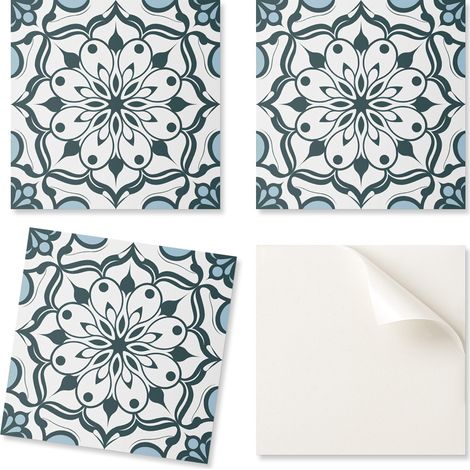 Paquete de baldosas de vinilo de f谩cil instalaci贸n con estampado floral de mandala, 4x50x50 cm.
