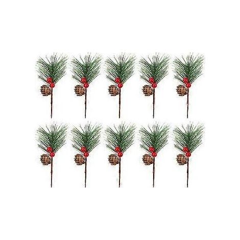 10 décorations de Noël artificielles en pin, aiguilles de pin et pommes de pin rouges, pour emballage cadeau. (1/2)