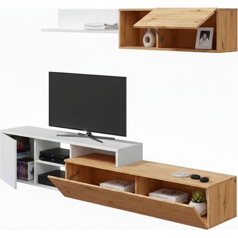 Parete attrezzata Aligator, Mobile da soggiorno porta TV reversibile, Composizione per salotto con pensile e mensola, 220x40h44 cm, Rovere effetto nodi e Bianco