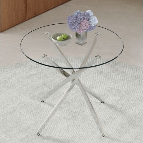 Runder Esstisch 88x75 cm transparent/silber aus gehärtetem Glas und Metall mit abgerundeten Kanten (1/5)