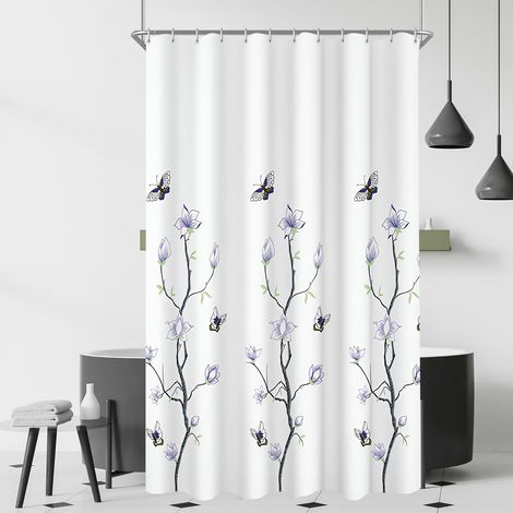 Rideau de douche 120 x 200 cm - Motif arbres floraux - Ourlet lesté - Textile anti-moisissure - Imperméable - Lavable - En polyester - Avec œillets et 8 anneaux de rideau de douche pour salle (1/5)