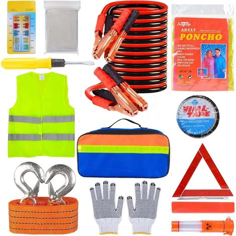 Kits D'urgence 12 en 1 Pour Voiture, Voiture Dépannage Kit Inclus Signalisation Triangle, Visibilité Gilet, Remorquage Corde, Marteau Utilitaire, Saut Plomb, Voiture Fusible, Rangement Sac (1/5)