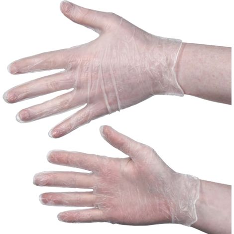 Gants en vinyle poudre Klara, taille M, transparents, lot de 100, sans latex, usage médical et industriel, haute résistance, hygiène et confort. (1/2)