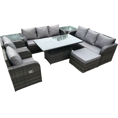 Fimous Meubles de jardin d'extérieur en rotin set élévateur hauteur réglable table à manger canapé set avec chaise longue 2 tables d'appoint grand repose-pieds gris foncé mix (1/5)