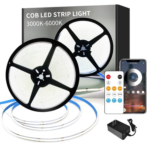 Tira LED COB 6400 de 20 m, 24 V, regulable, con mando a distancia, 3000 K (blanco cálido), ideal para decoración del hogar. (1/5)
