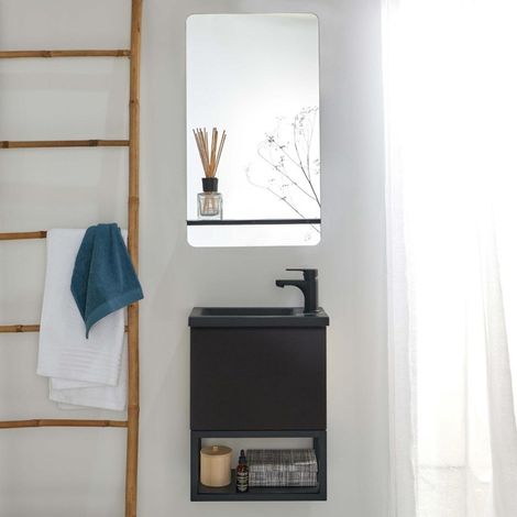 NOVA Waschbeckenset aus Metall und Holz mit schwarzem Wasserhahn und Spiegelablage (1/5)