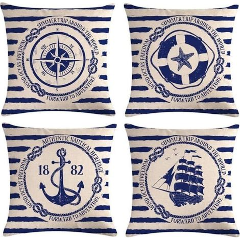 4 pièces housse de coussin voile Navigation boussole housse de coussin décorative coton lin jeter taies d'oreiller 45x45 cm (1/5)
