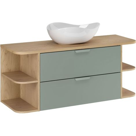 OSTER Set 120cm: Unterschrank mit Schubladen in Salbeigrün und sichtbaren Fächern + Platte für Waschbecken + Aufsatzwaschbecken in Weiß (1/5)