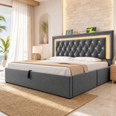 Doppelbett 140x200 cm Grau aus Samt mit LED-Lichtleiste, USB- und Type-C-Ladestation, Stauraum (1/5)