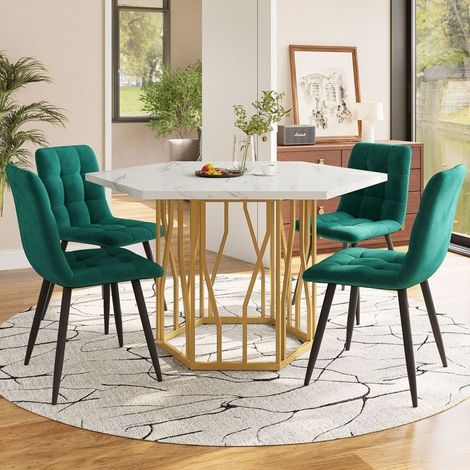 Ensemble table et 4 chaises salle à manger, plateau marbre hexagonal, chaises velours vert, piètement métal doré, 5 pièces (1/5)