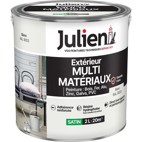 Julien Peinture Multi-Matériaux Satin en phase Aqueuse - Bois, Fer, Alu, PVC, Zinc, Acier galvanisé, brut ou peint - Blanc 2 L