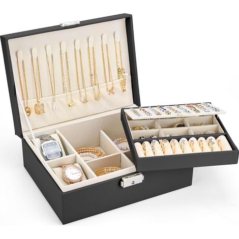Boîte à Bijoux pour Femme, Grande Coffret à Bijoux à 2 Couches Avec 2 Coussins de Montre, Noir Perlé (1/5)