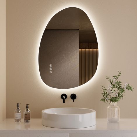 S'AFIELINA Bathroom Mirror with LED Lights, 75 x 55 cm Asymmetrical with Smart Touch Switch, 3 Colors Dimmable Light, Anti-Fog, Memory Function
