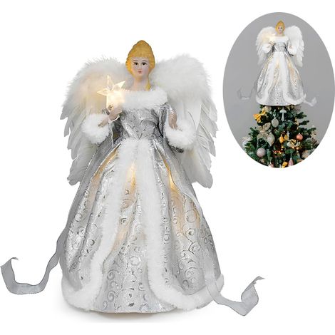 Figurine Ange Décoratif Cime de Sapin, 30 cm LED Chaud, Décorations de Noël pour Intérieur Maison avec Ailes en Plumes (1/5)