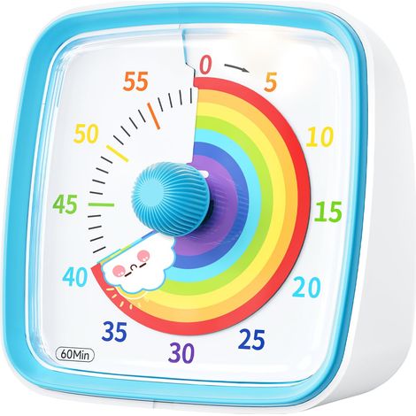 Minuteur visuel pour enfants et adultes – Compte à rebours de 60 minutes avec fonction flash silencieuse – Motif Arc-en-ciel (Bleu)