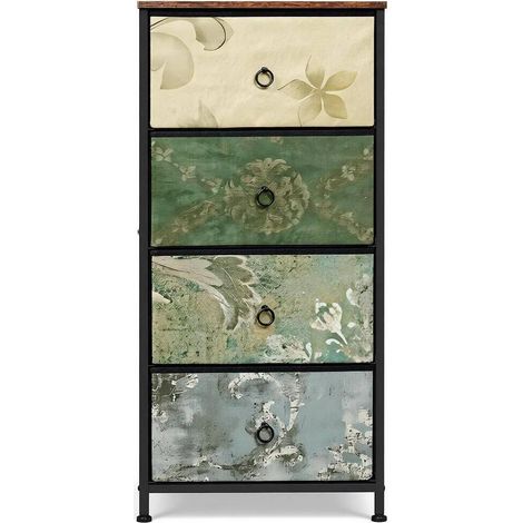 Commode 4 tiroirs vintage en tissu, métal et bois E1, motif floral brun, rangement polyvalent pour chambre, entrée ou salon, pieds réglables - CHICFURN (1/5)