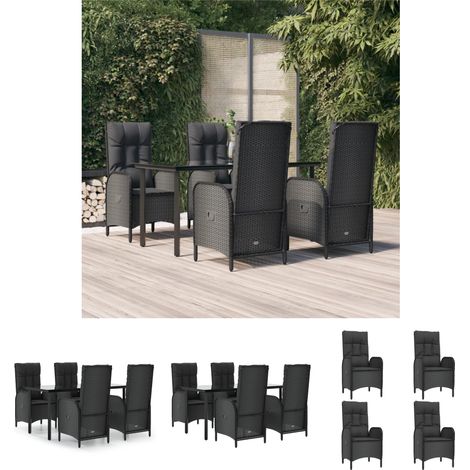 Rattanstuhl - vidaXL 5-tlg. Garten-Essgruppe mit Kissen Schwarz Poly Rattan - Liegestuhl (1/5)