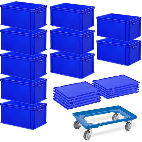 BRB 10 Euroboxen, LxBxH 600x400x320 mm + 10 Scharnierdeckel + 1 Transportroller (blau)