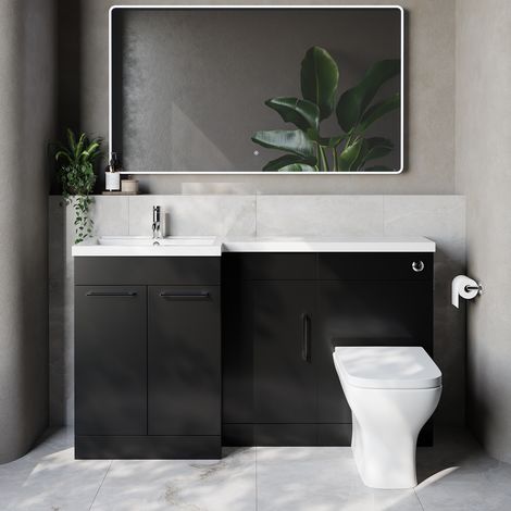 Napoli 390 Matt Black 1500mm 3 Door Vanity Unit Toilet Suite with Left Hand Square Lucia Basin - 1500mm - Chrome 160mm HandleWith Kingston Toilet Pan and Seat