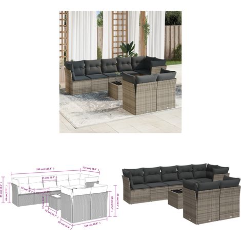 9-tlg. Garten-Sofagarnitur mit Kissen Grau Poly Rattan - Gartenmöbel Set - PE-Rattan Möbel - Outdoor Sofa - Esstisch - Lounge Garnitur - Home & Living (1/3)
