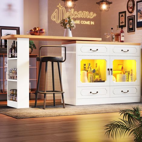 Table de bar pivotante à 360°, buffet de cuisine avec éclairage LED, 2 portes et 4 tiroirs, 135/203×39×92.8 cm, MDF, blanc (1/5)