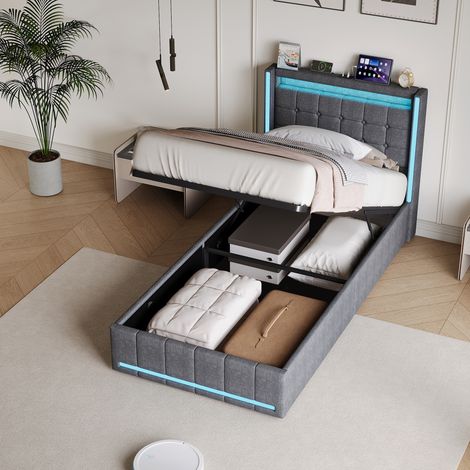 Lit Coffre 90x200 cm Capitonné avec Rangement,Lit Double Adulte avec Sommier à Lattes,Tête de Lits avec Éclairage LED, Lin,Gris (1/5)