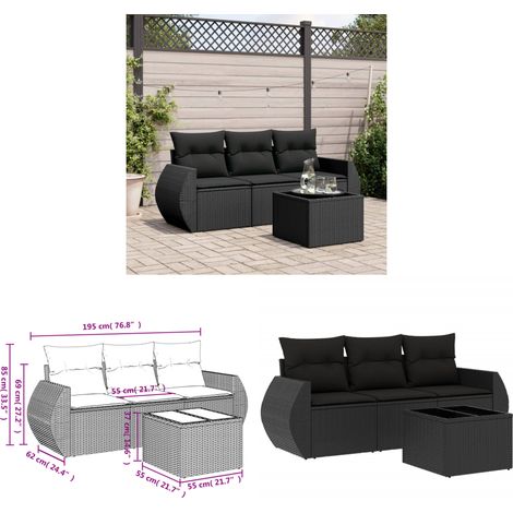 4-tlg. Garten-Sofagarnitur mit Kissen Schwarz Poly Rattan - Gartenmöbel - Esstischgarnituren - Outdoor Möbel - Lounge Set - Rattan Sofa - Home & Living