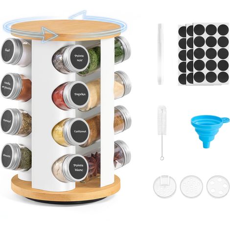 Étagère à Épices Rotative, avec 16 Pots en Verre, Organisateur de Cuisine, Tourniquet à Épices, avec Étiquettes, Entonnoir, Marqueur, Brosse, Blanc Mat et Bambou Naturel KCS256W101 (1/5)