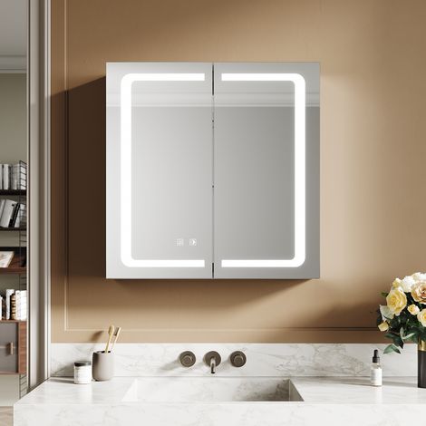 Sonni – Armoire murale de salle de bain avec miroir LED – Fonction anti-buée – Prise étanche – Aluminium résistant à l'humidité – 65x65x13,3 cm (1/5)