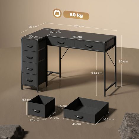 Bureau d'angle avec 6 tiroirs, crochets latéraux et prise électrique intégrée, en bois et acier, 126x48x80cm, noir. (1/5)