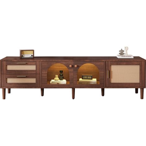 CAIziMeuble TV marron 180 cm TV 80 pouces, rotin, vitré, LED, rangement (1/5)