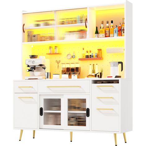 Credenza alta da cucina 145x39x171 cm in MDF bianco con LED e contenitore - CHICFURN (1/5)