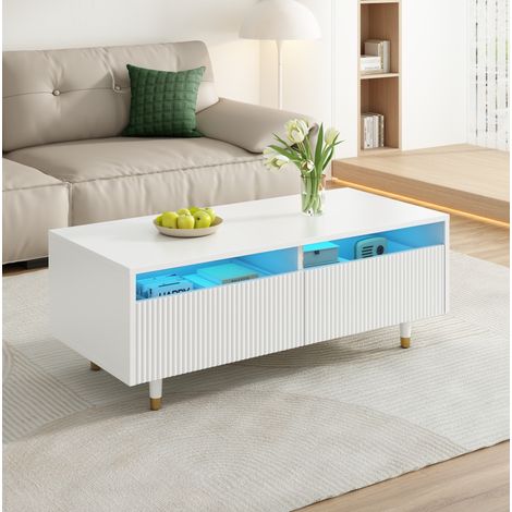 Table basse en MDF blanc 110 cm avec 2 tiroirs et LED multicolore (1/5)