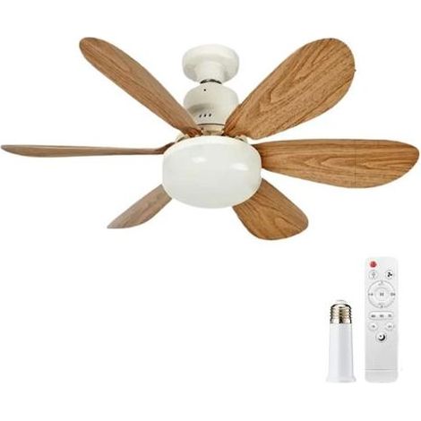 Ventilateur de plafond avec lampe LED dimmable 52 cm, 6 pales bois & abat-jour lait, télécommande incluse (1/5)